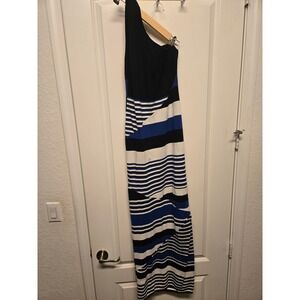 Fashion Nova One Shoulder Maxi Dress XL Black Blue White Striped Bodycon Slit